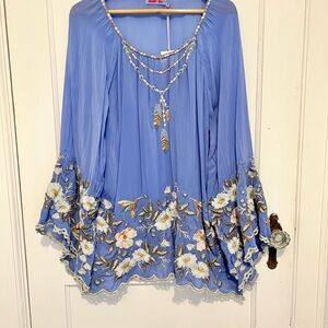 Johnny Was Blue Bell Sleeve Blouse with Ruffled Asymmetrical Style